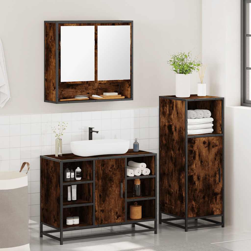 Set mobilier de baie, 3 piese, stejar fumuriu, lemn prelucrat