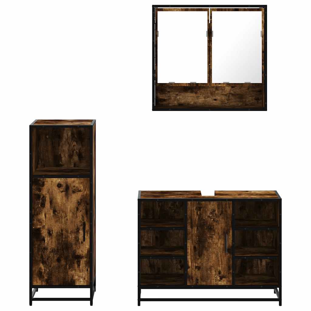 Set mobilier de baie, 3 piese, stejar fumuriu, lemn prelucrat