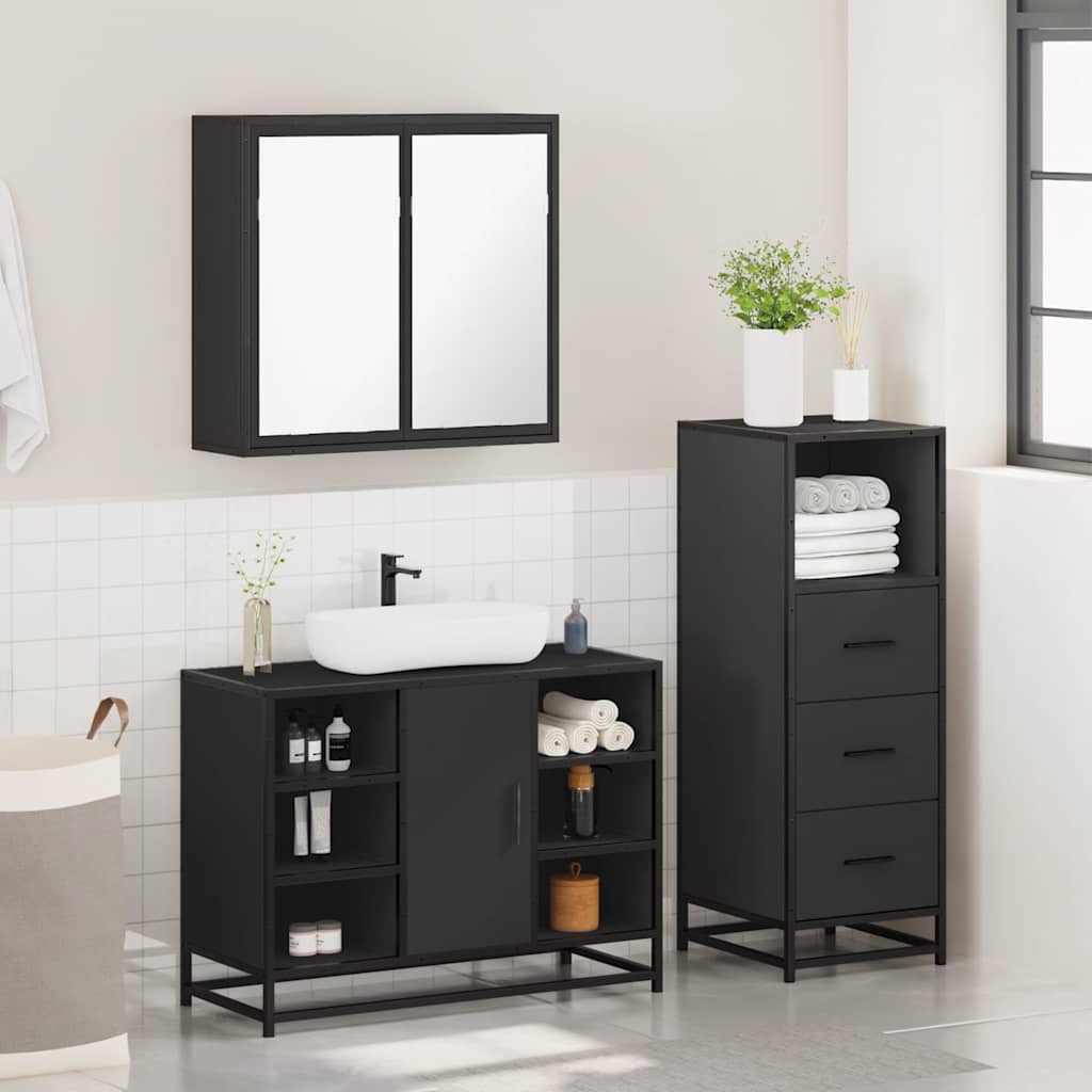 Set mobilier de baie, 3 piese, negru, lemn compozit