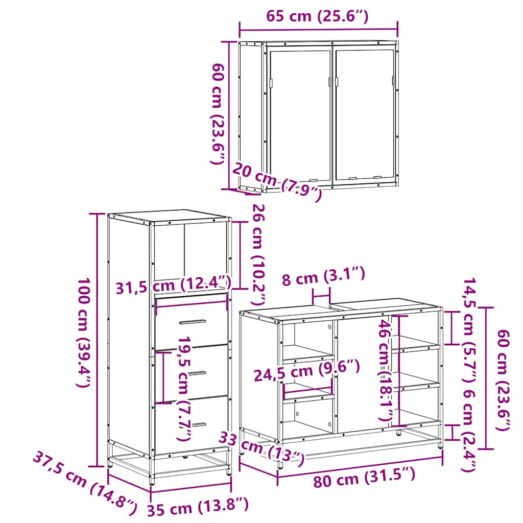 Set mobilier de baie, 3 piese, stejar sonoma, lemn prelucrat
