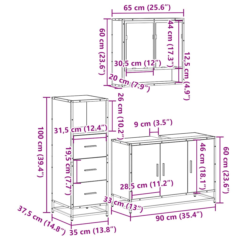 Set mobilier de baie, 3 piese, stejar fumuriu, lemn prelucrat