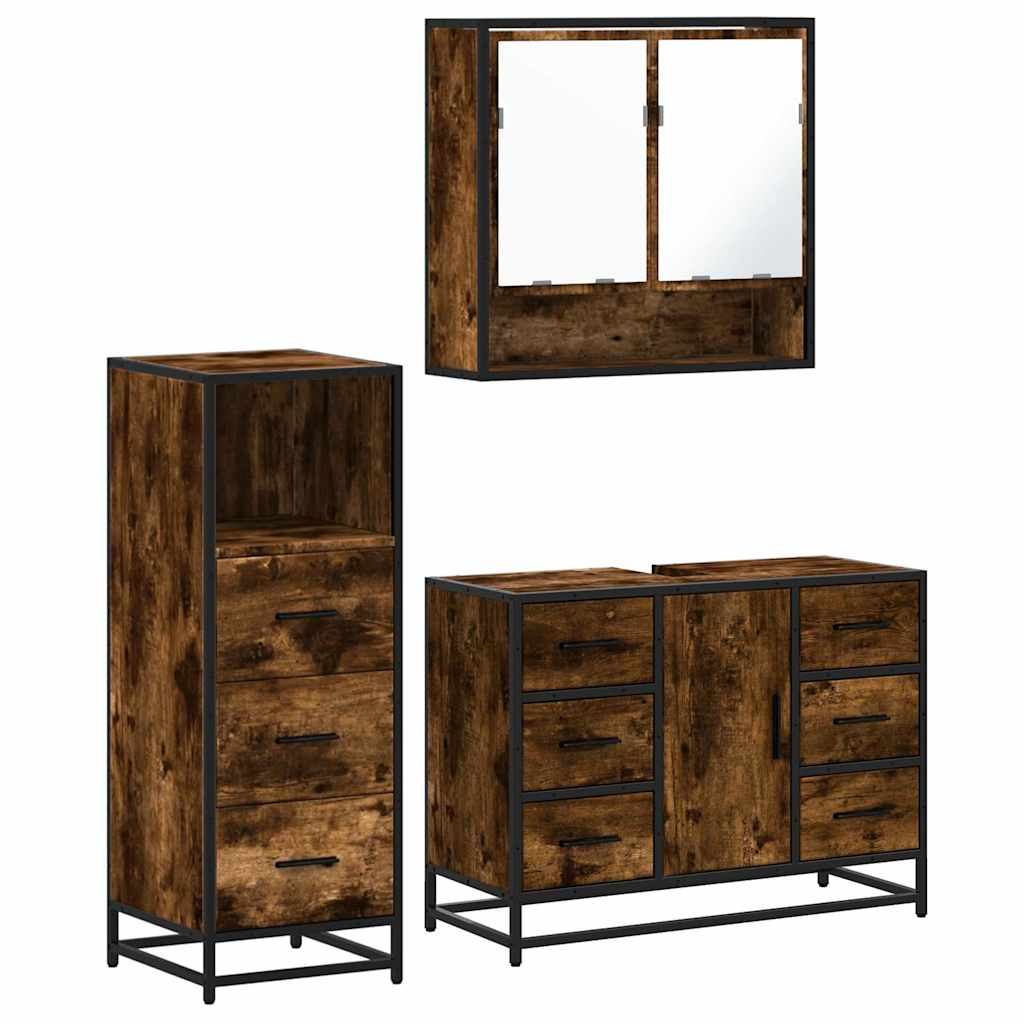 Set mobilier de baie, 3 piese, stejar fumuriu, lemn prelucrat