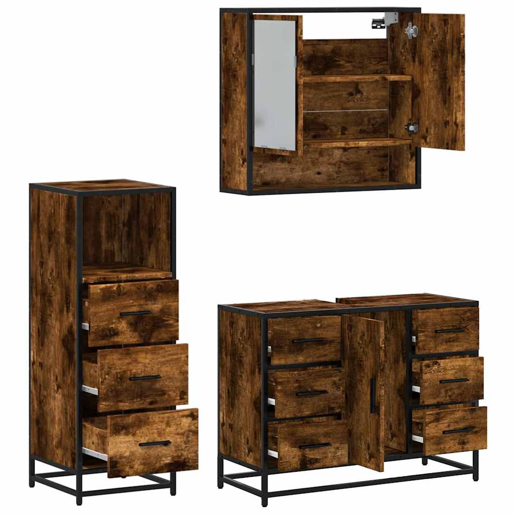 Set mobilier de baie, 3 piese, stejar fumuriu, lemn prelucrat