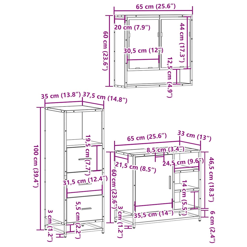 Set mobilier de baie, 3 piese, negru, lemn compozit