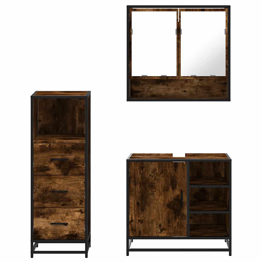 Set mobilier de baie, 3 piese, stejar fumuriu, lemn prelucrat