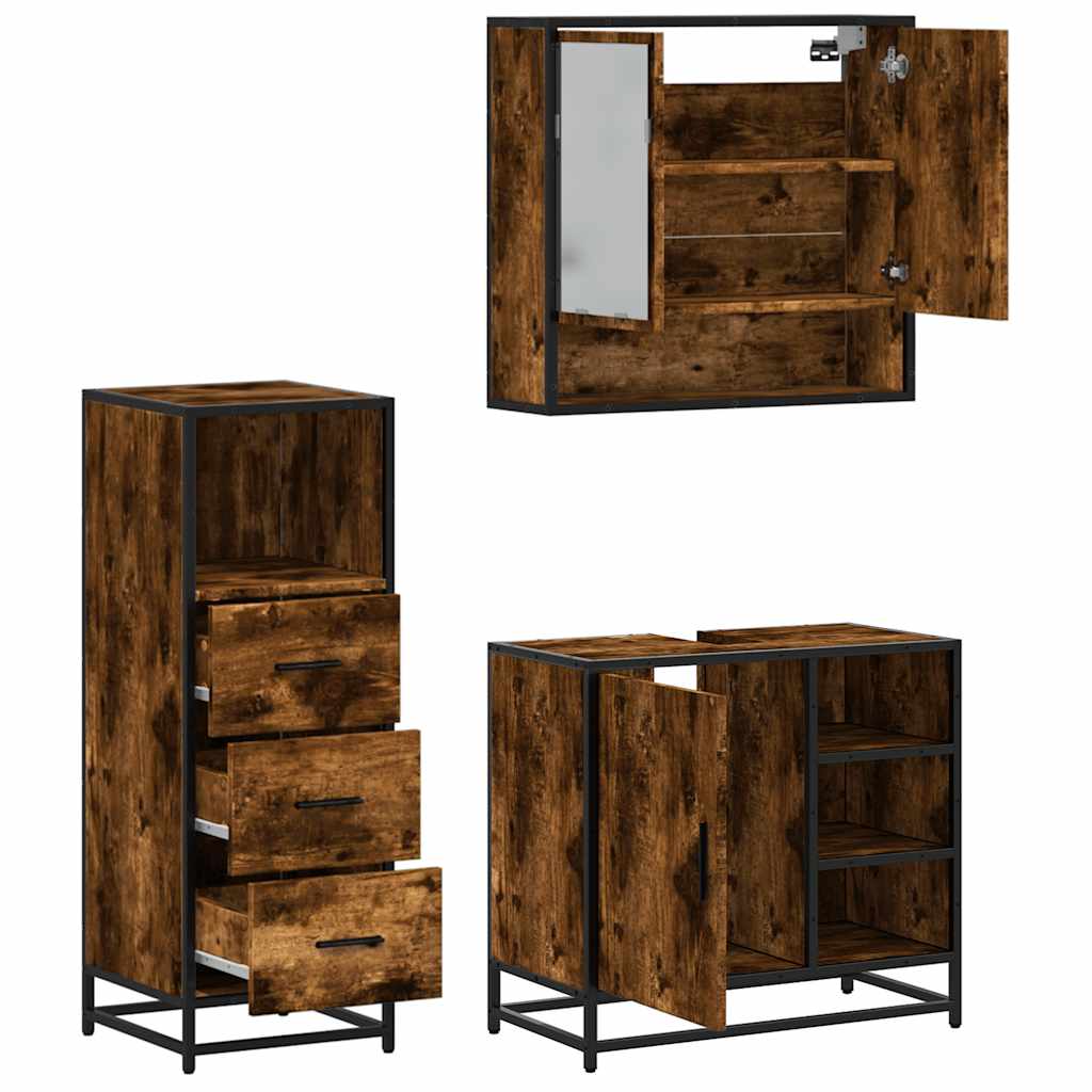 Set mobilier de baie, 3 piese, stejar fumuriu, lemn prelucrat