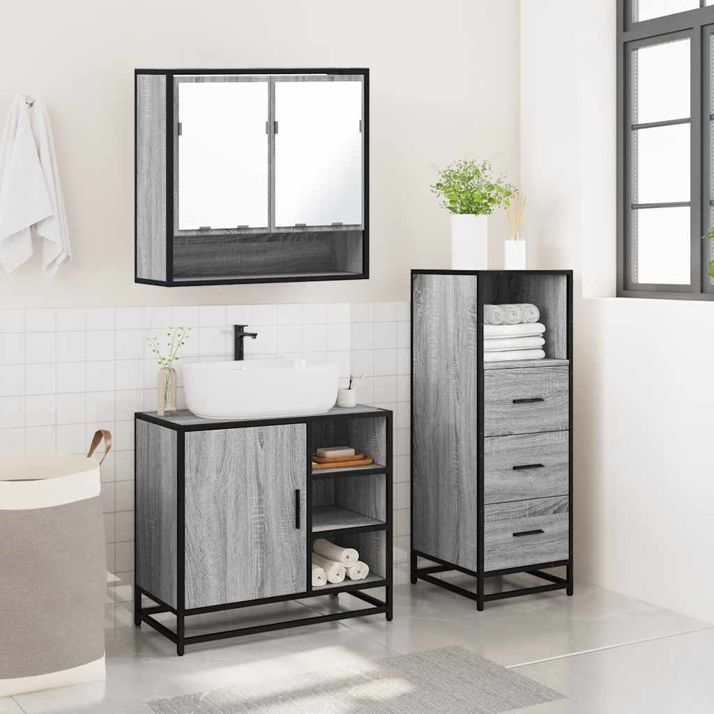 Set mobilier de baie, 3 piese, gri sonoma, lemn prelucrat