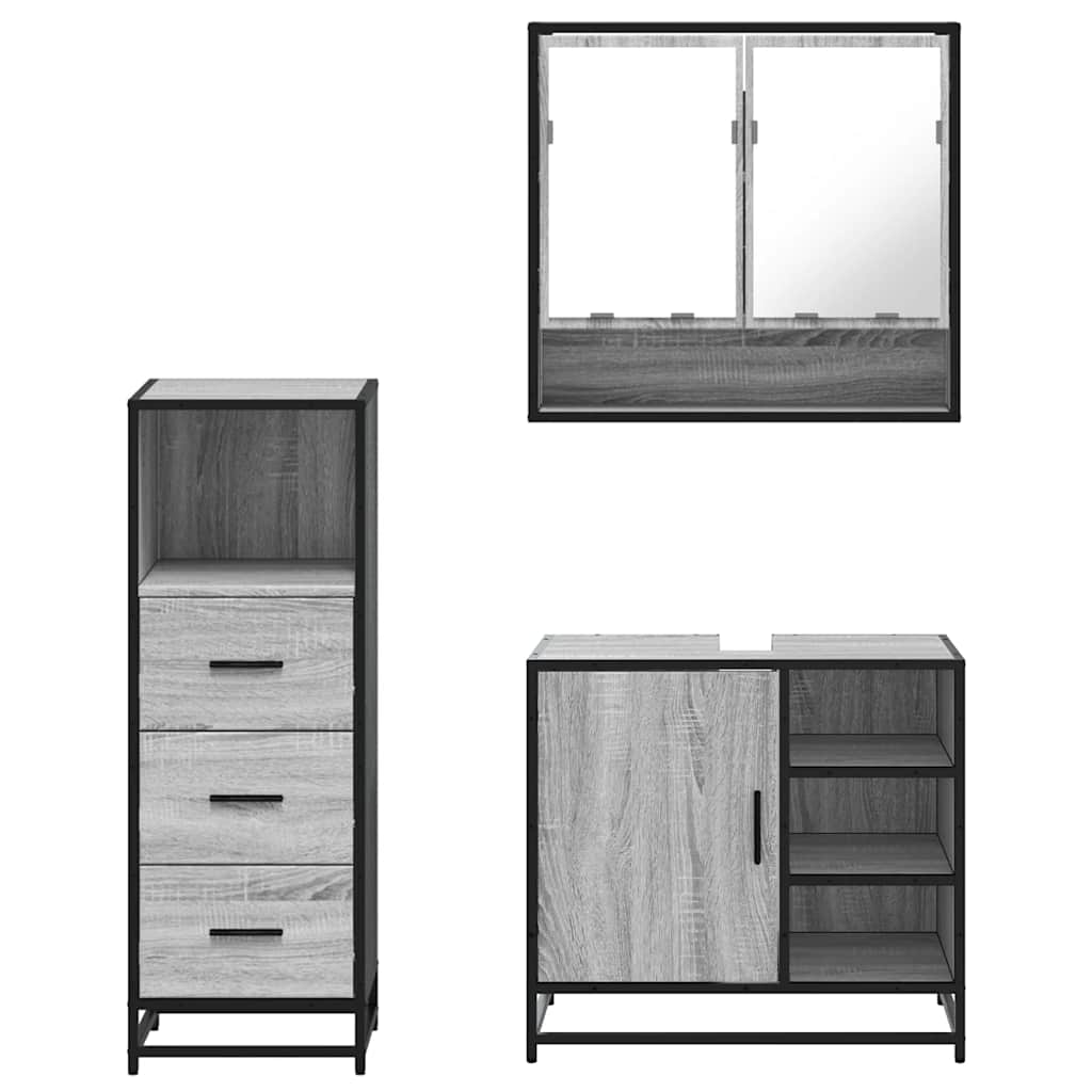 Set mobilier de baie, 3 piese, gri sonoma, lemn prelucrat