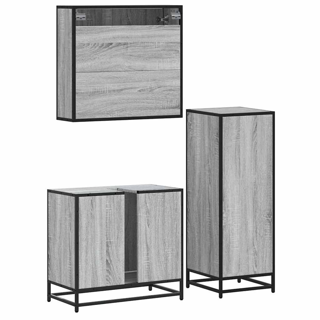 Set mobilier de baie, 3 piese, gri sonoma, lemn prelucrat