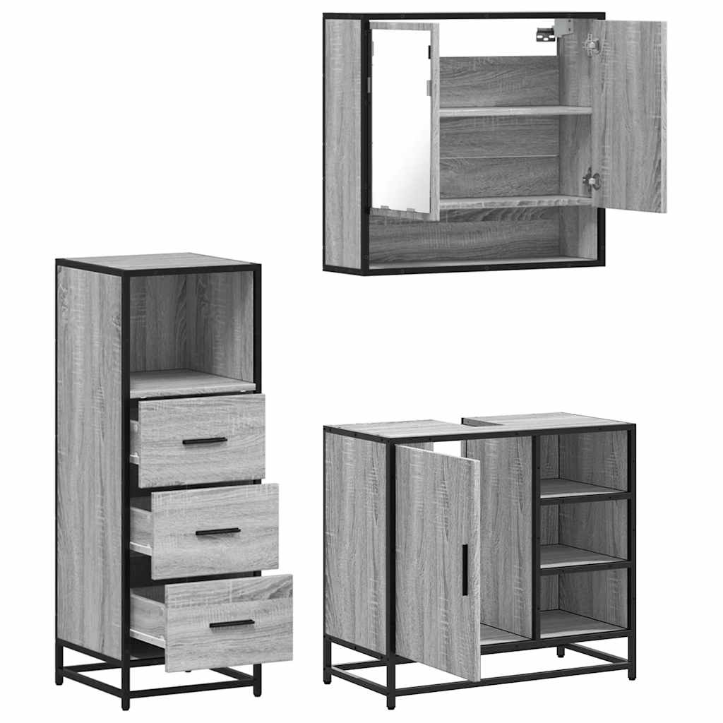 Set mobilier de baie, 3 piese, gri sonoma, lemn prelucrat