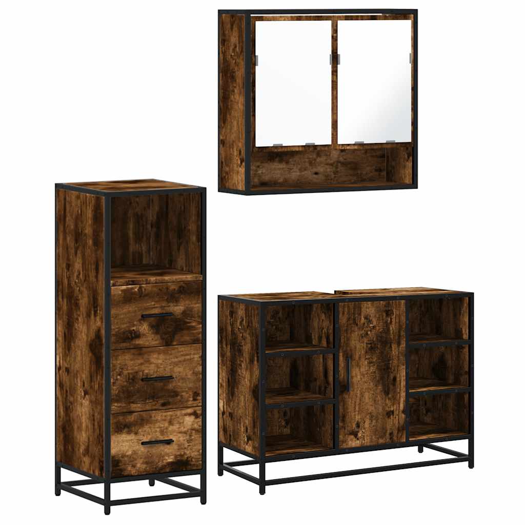 Set mobilier de baie, 3 piese, stejar fumuriu, lemn prelucrat