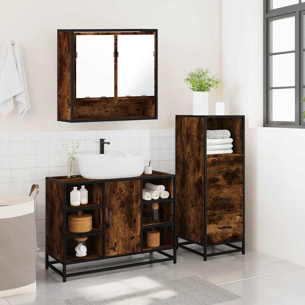 Set mobilier de baie, 3 piese, stejar fumuriu, lemn prelucrat