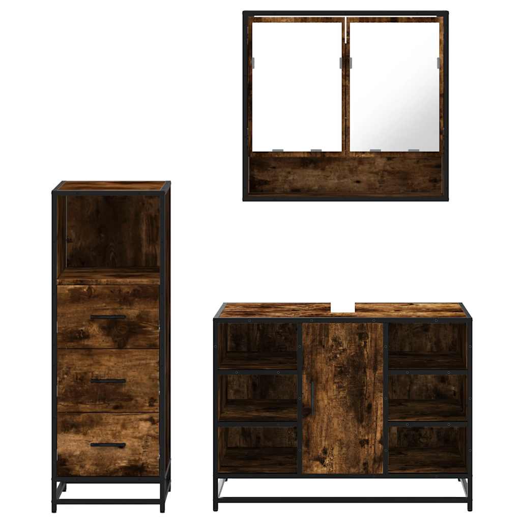 Set mobilier de baie, 3 piese, stejar fumuriu, lemn prelucrat