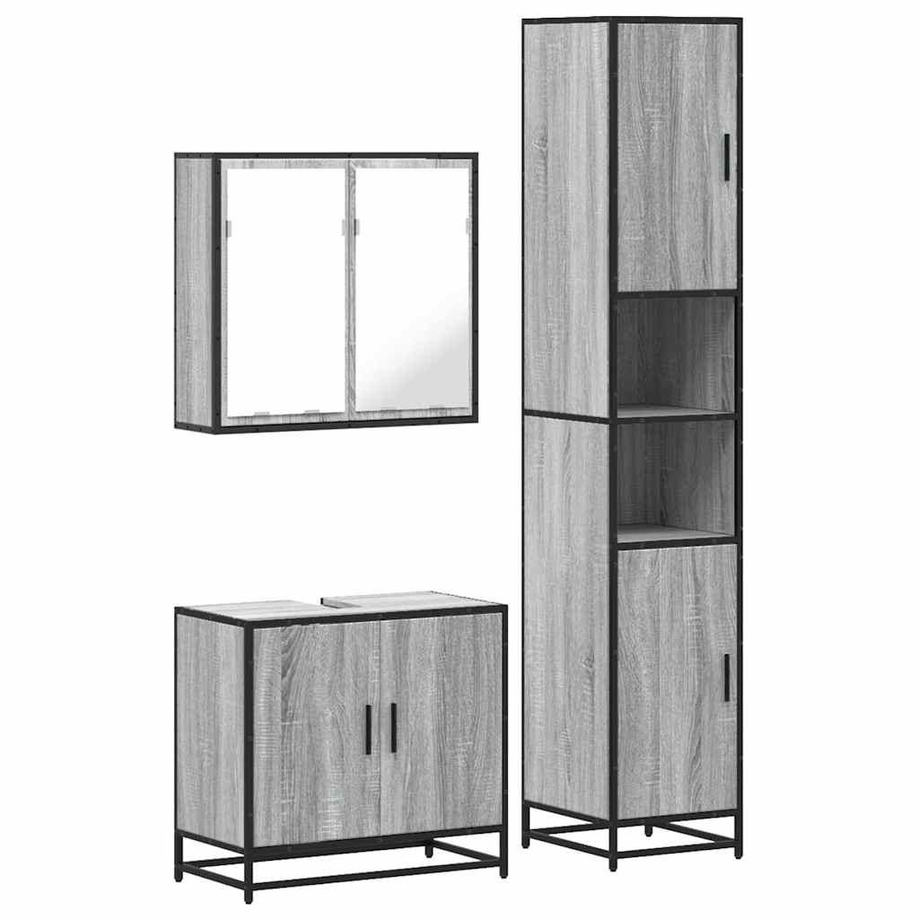 Set mobilier de baie, 3 piese, gri sonoma, lemn prelucrat
