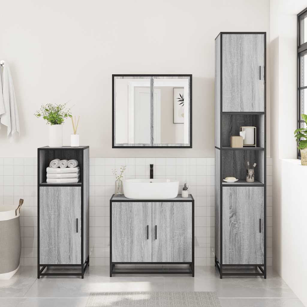 Set mobilier de baie, 3 piese, gri sonoma, lemn prelucrat
