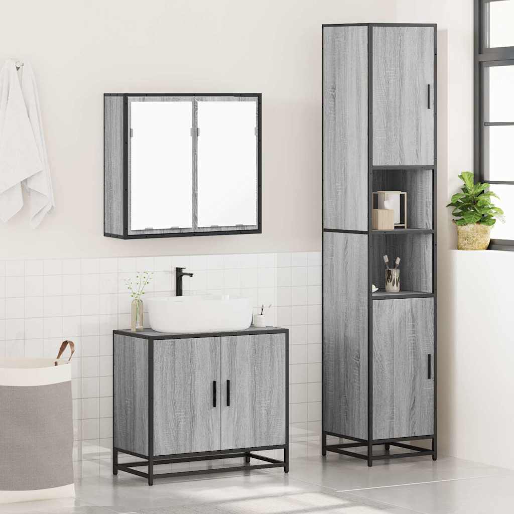 Set mobilier de baie, 3 piese, gri sonoma, lemn prelucrat