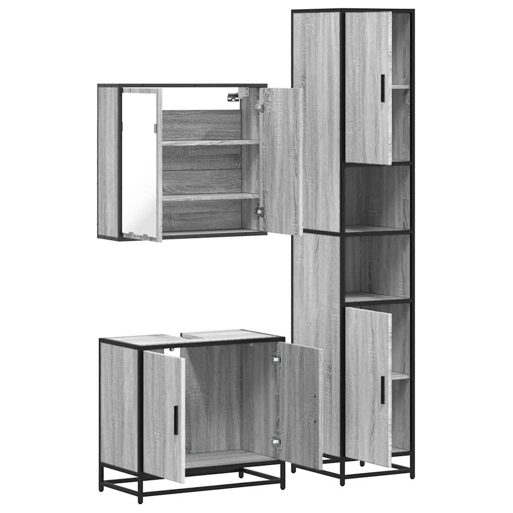 Set mobilier de baie, 3 piese, gri sonoma, lemn prelucrat