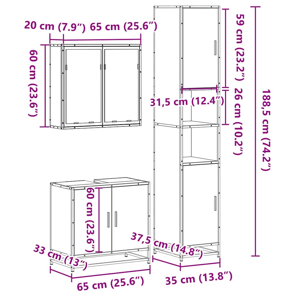 Set mobilier de baie, 3 piese, gri sonoma, lemn prelucrat