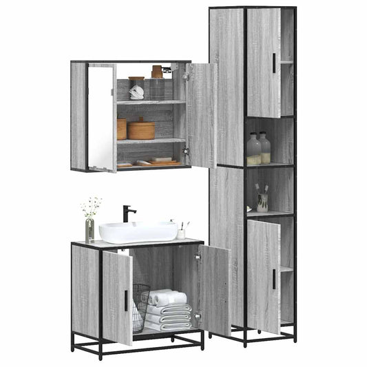 Set mobilier de baie, 3 piese, gri sonoma, lemn prelucrat