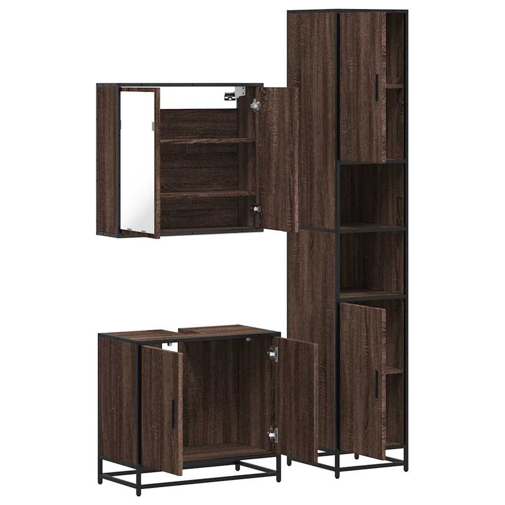 Set mobilier de baie, 3 piese, stejar maro, lemn prelucrat