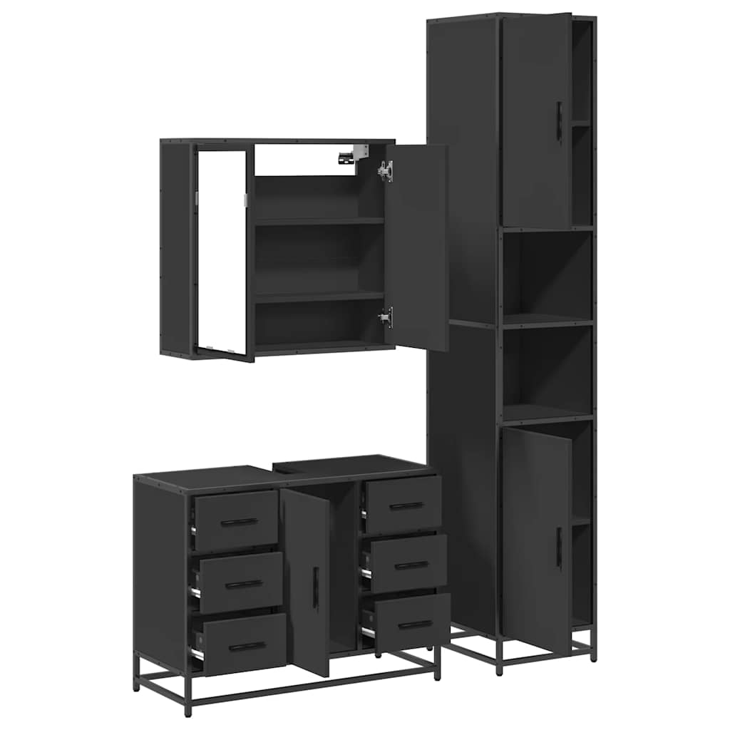 Set mobilier de baie, 3 piese, negru, lemn compozit