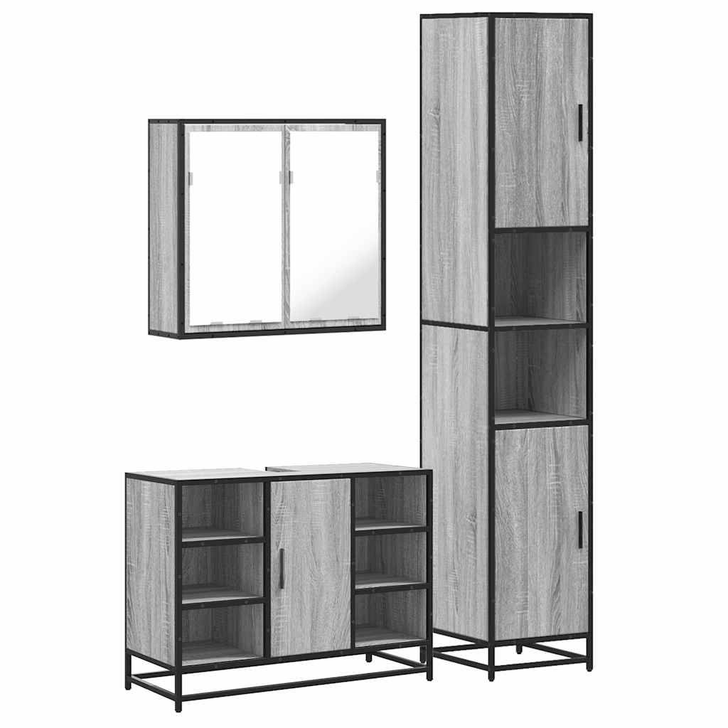 Set mobilier de baie, 3 piese, gri sonoma, lemn prelucrat