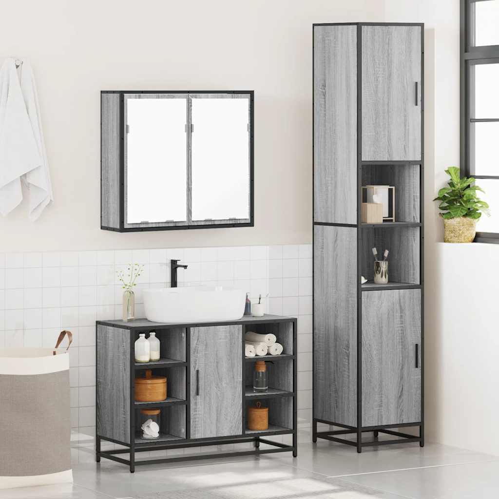 Set mobilier de baie, 3 piese, gri sonoma, lemn prelucrat