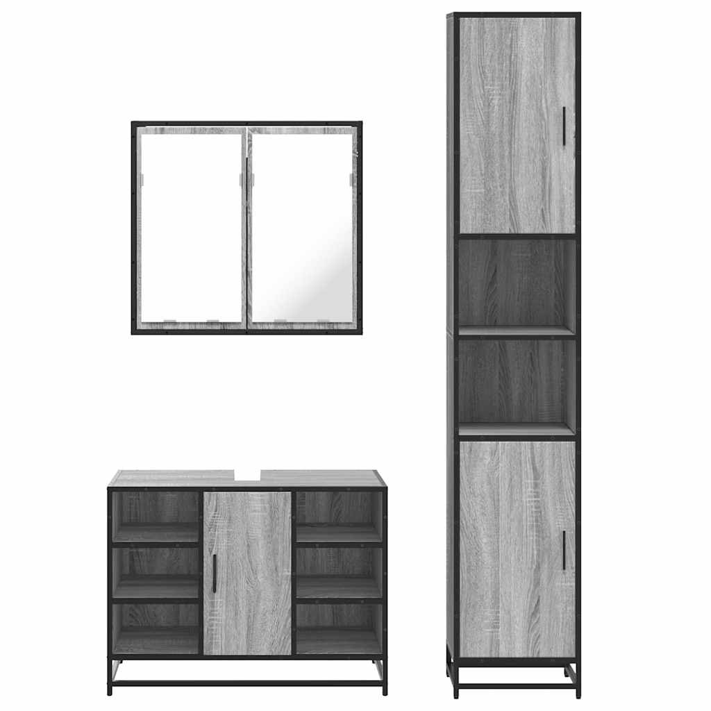 Set mobilier de baie, 3 piese, gri sonoma, lemn prelucrat