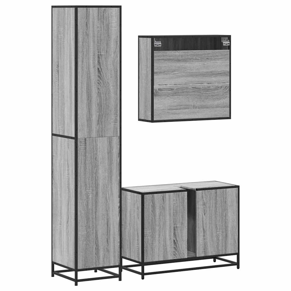 Set mobilier de baie, 3 piese, gri sonoma, lemn prelucrat