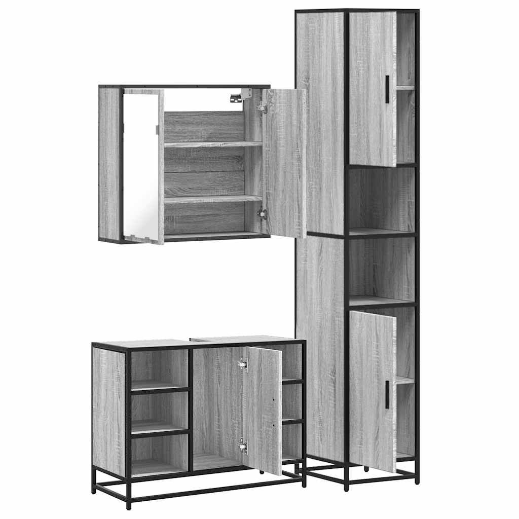 Set mobilier de baie, 3 piese, gri sonoma, lemn prelucrat
