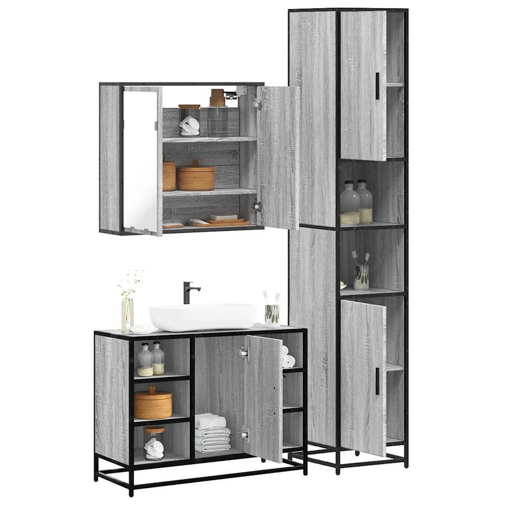 Set mobilier de baie, 3 piese, gri sonoma, lemn prelucrat