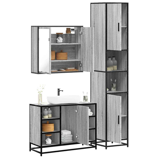 Set mobilier de baie, 3 piese, gri sonoma, lemn prelucrat