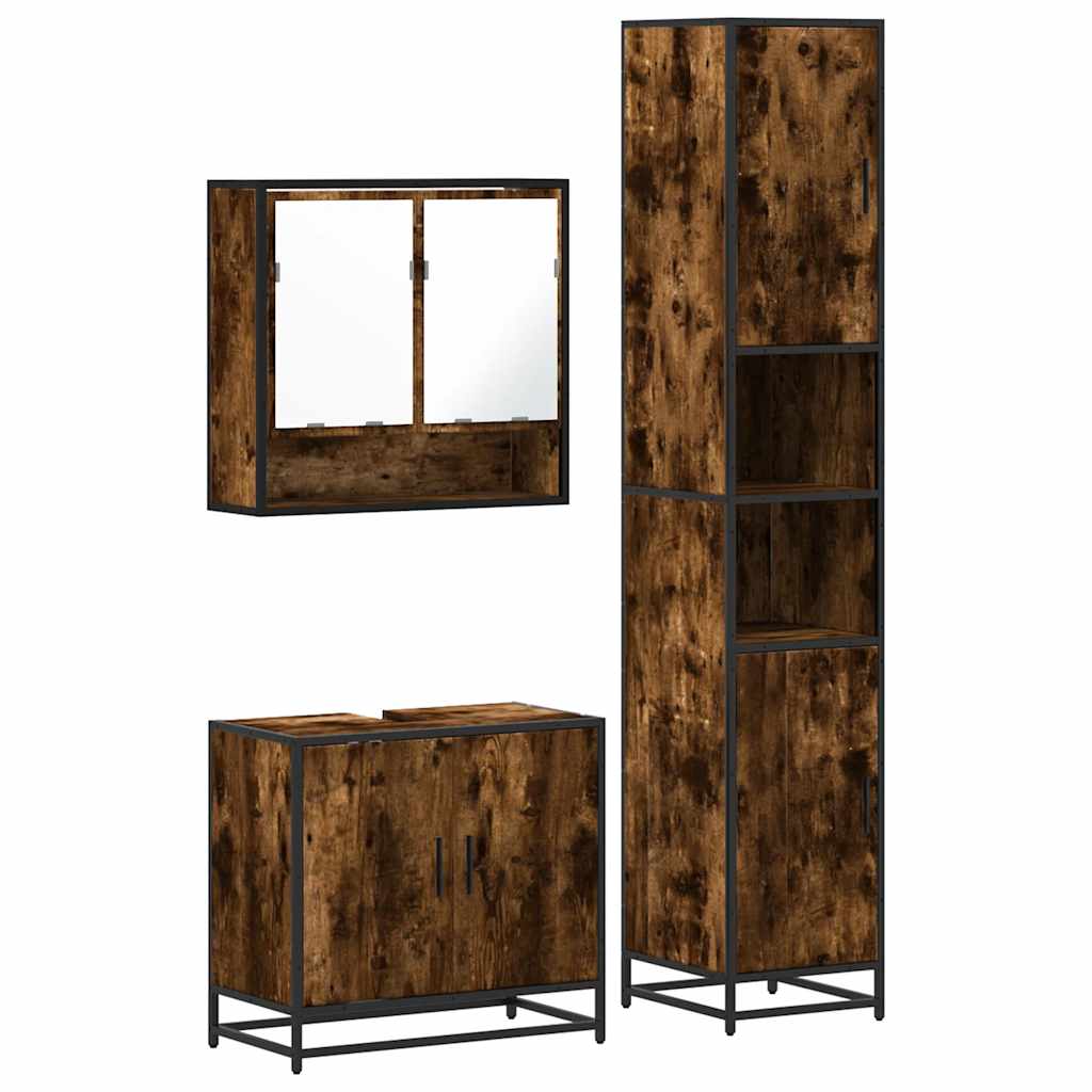 Set mobilier de baie, 3 piese, stejar fumuriu, lemn prelucrat
