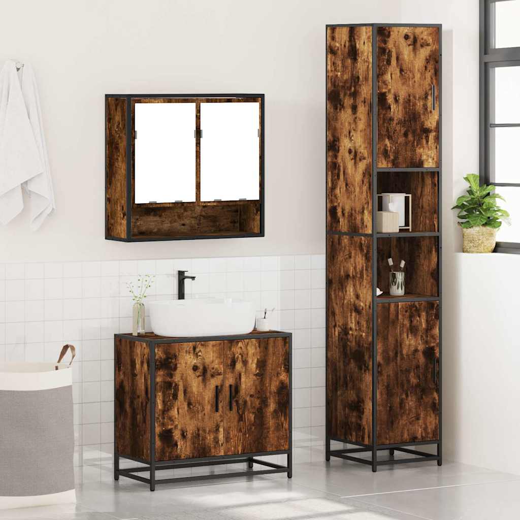 Set mobilier de baie, 3 piese, stejar fumuriu, lemn prelucrat