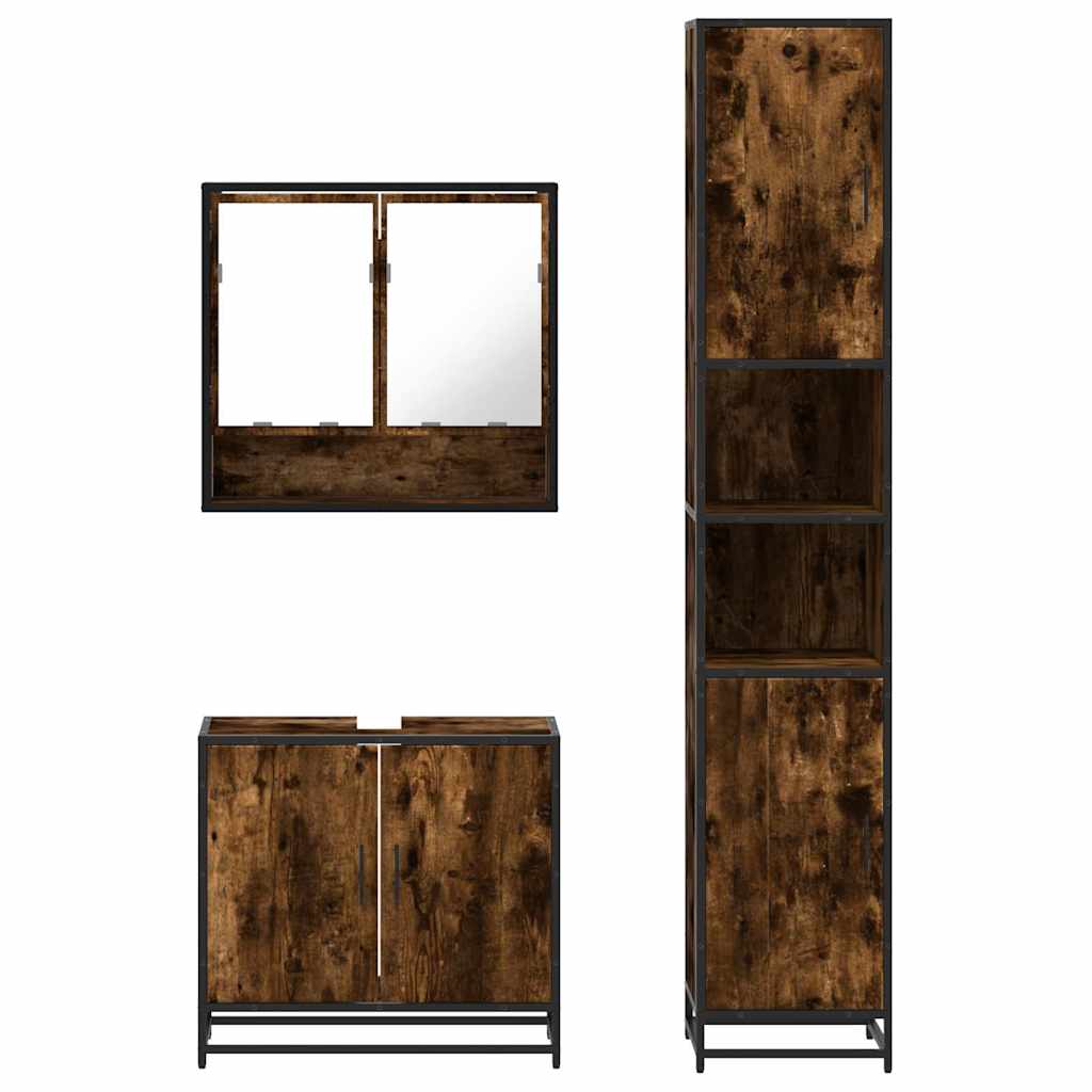 Set mobilier de baie, 3 piese, stejar fumuriu, lemn prelucrat