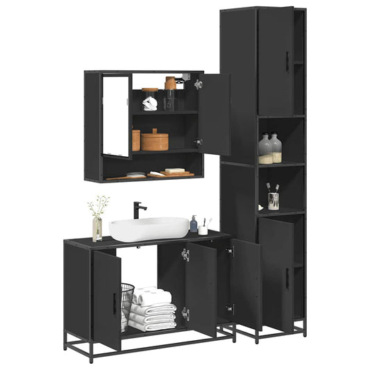 Set mobilier de baie, 3 piese, negru, lemn compozit