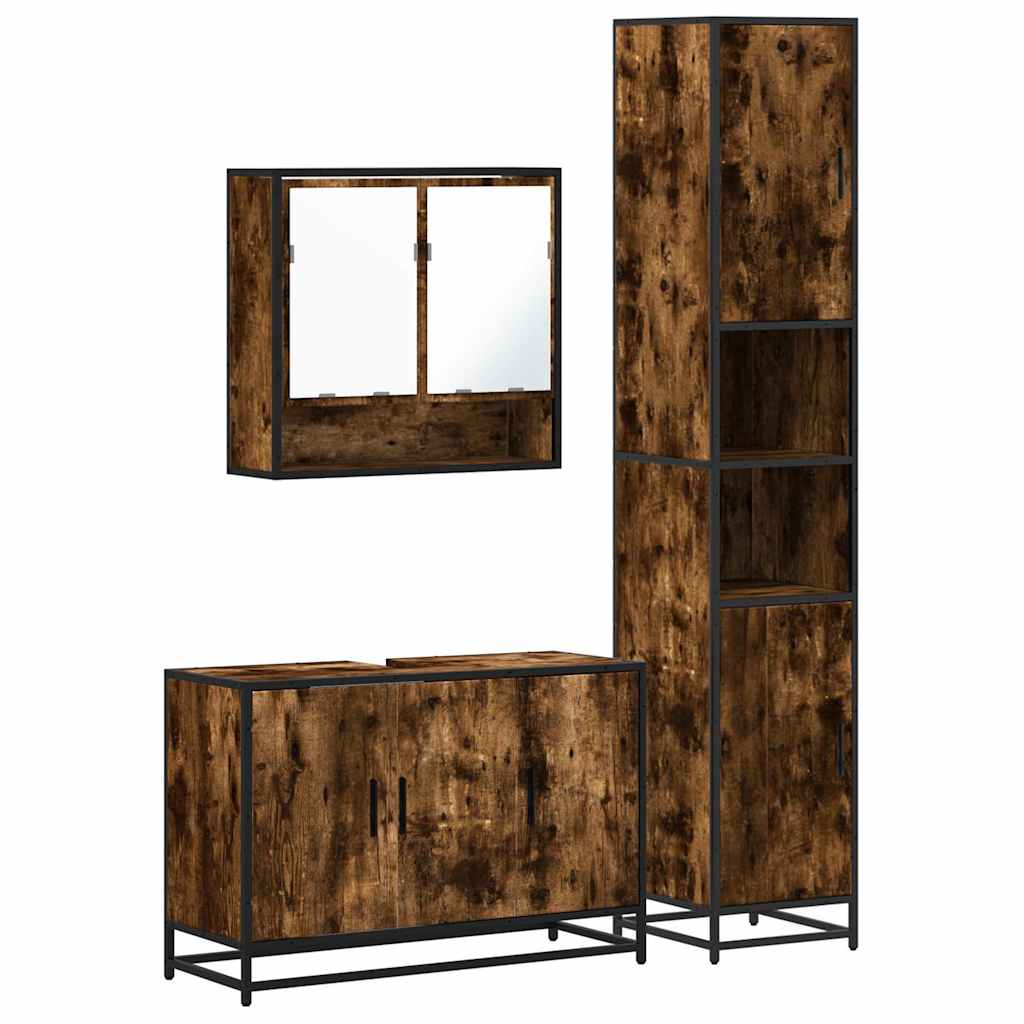 Set mobilier de baie, 3 piese, stejar fumuriu, lemn prelucrat