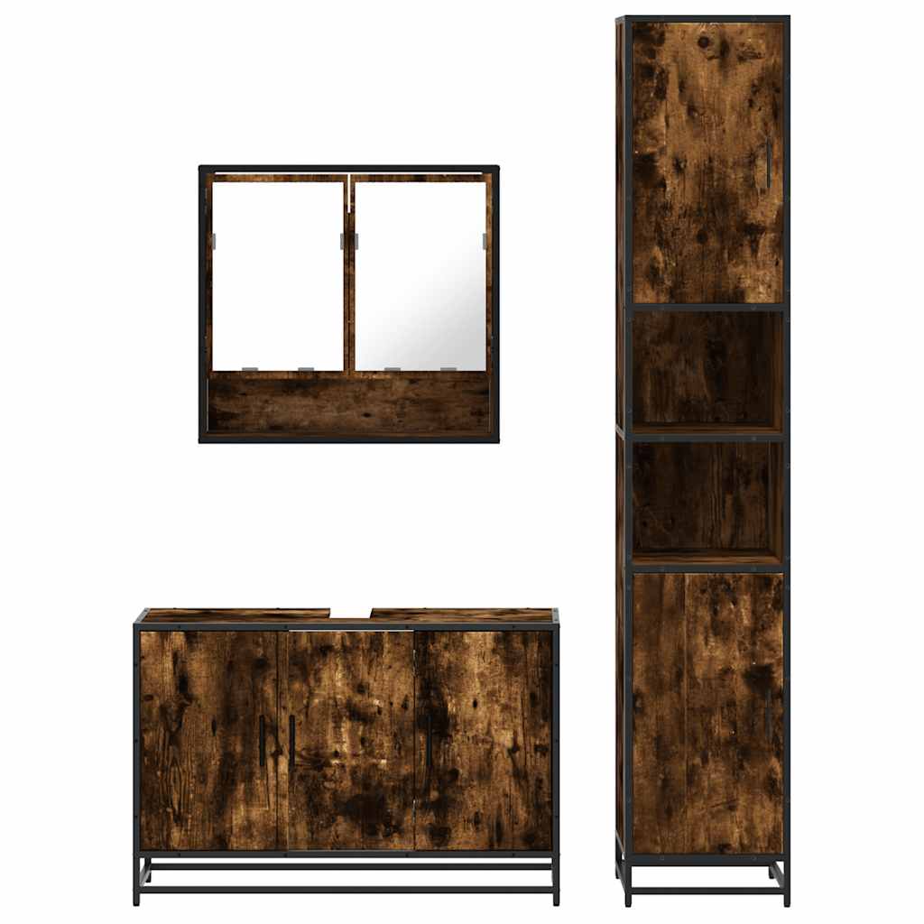 Set mobilier de baie, 3 piese, stejar fumuriu, lemn prelucrat