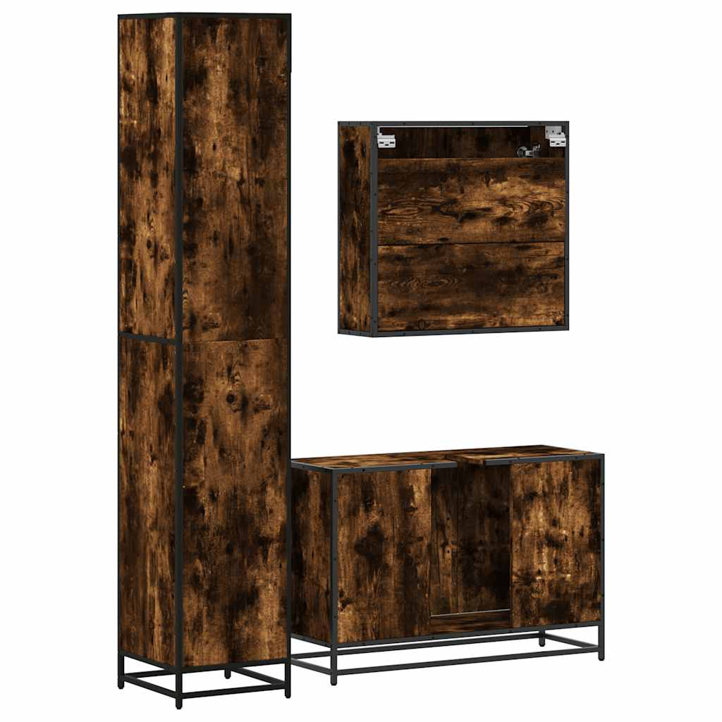 Set mobilier de baie, 3 piese, stejar fumuriu, lemn prelucrat