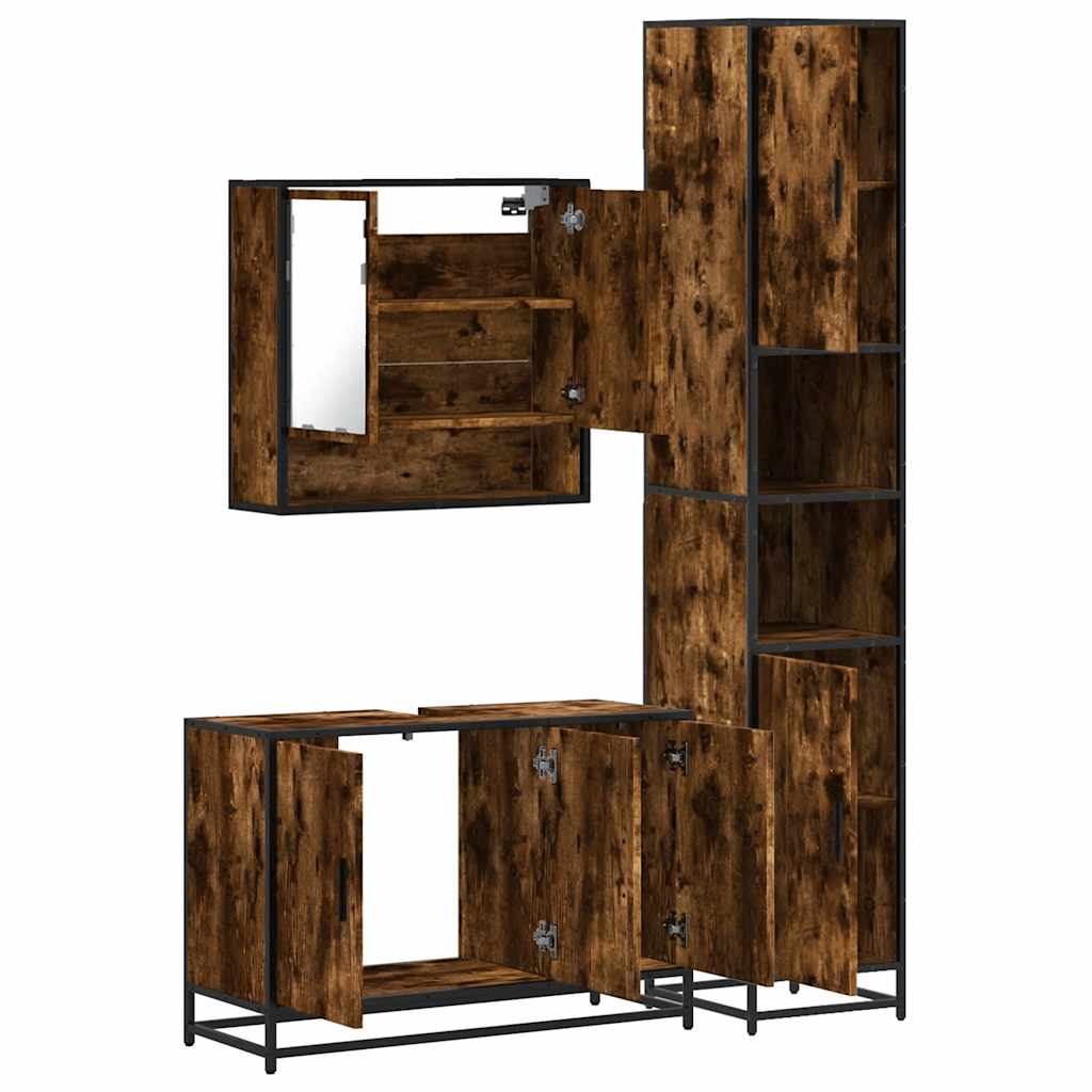 Set mobilier de baie, 3 piese, stejar fumuriu, lemn prelucrat