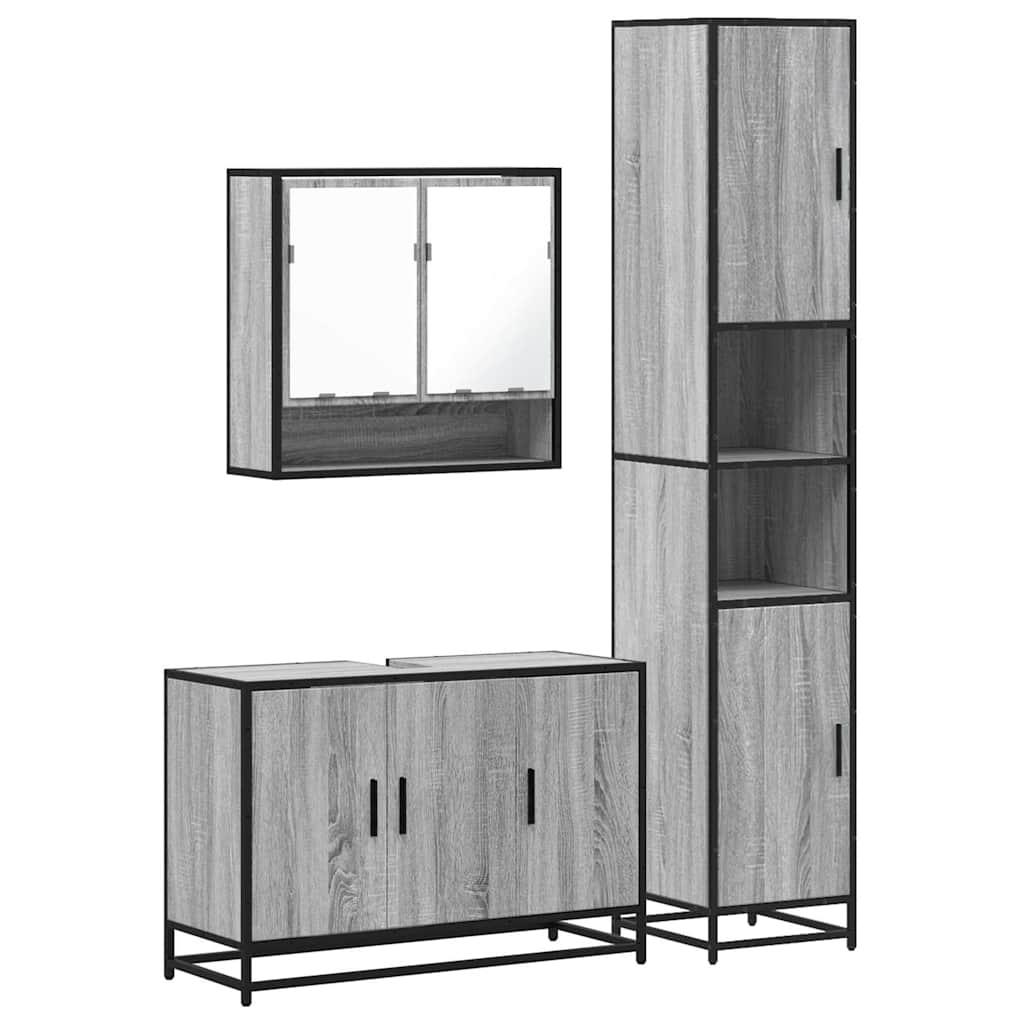 Set mobilier de baie, 3 piese, gri sonoma, lemn prelucrat