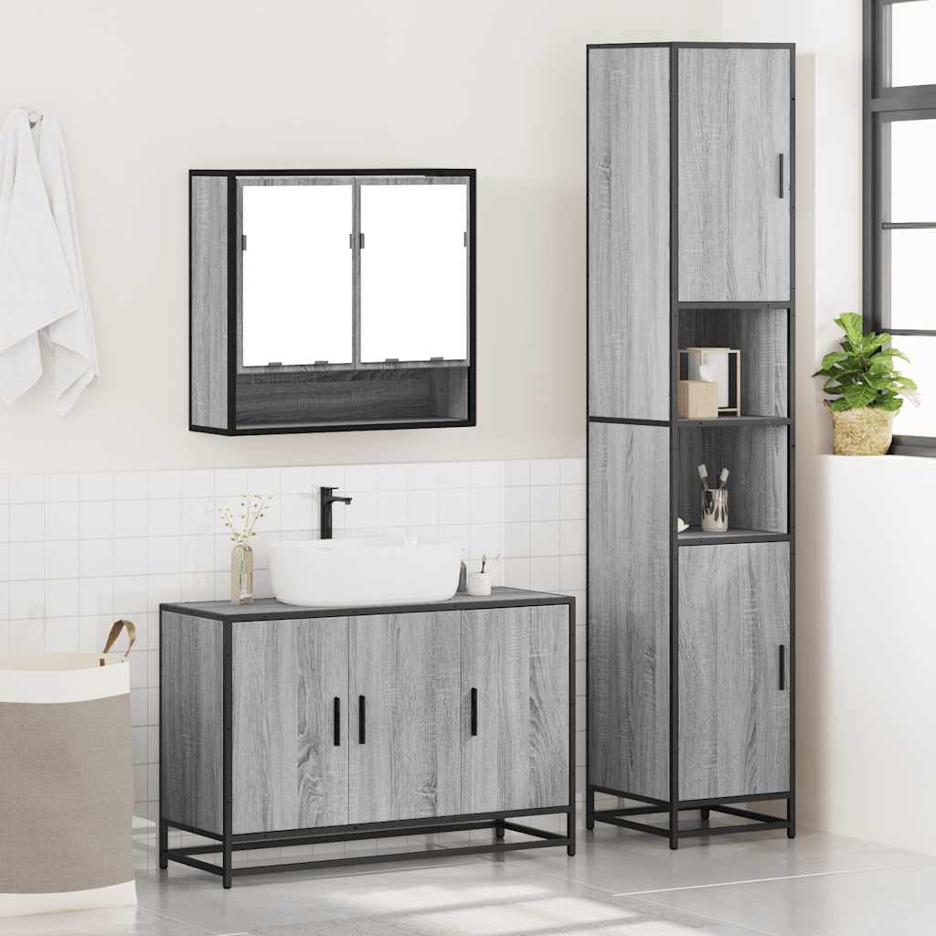 Set mobilier de baie, 3 piese, gri sonoma, lemn prelucrat