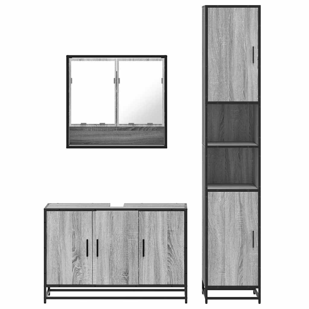 Set mobilier de baie, 3 piese, gri sonoma, lemn prelucrat