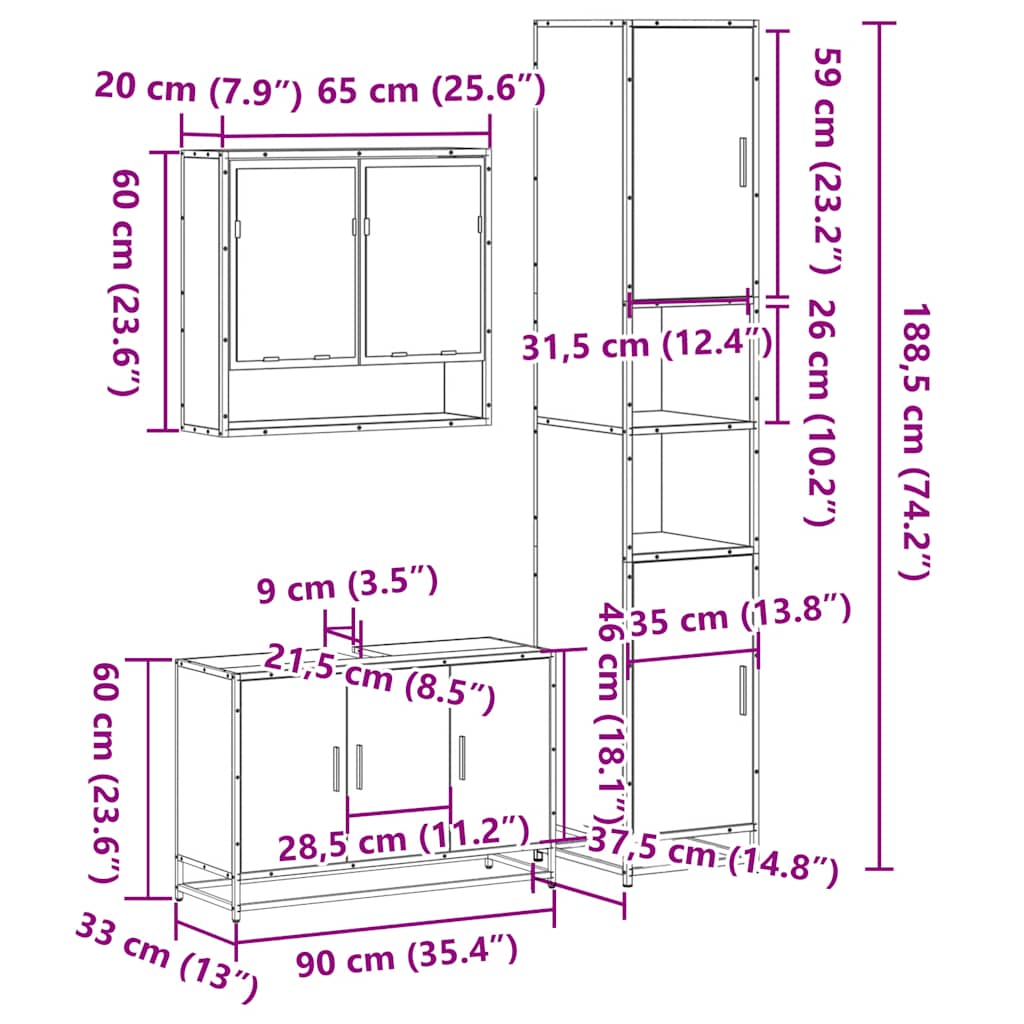 Set mobilier de baie, 3 piese, gri sonoma, lemn prelucrat