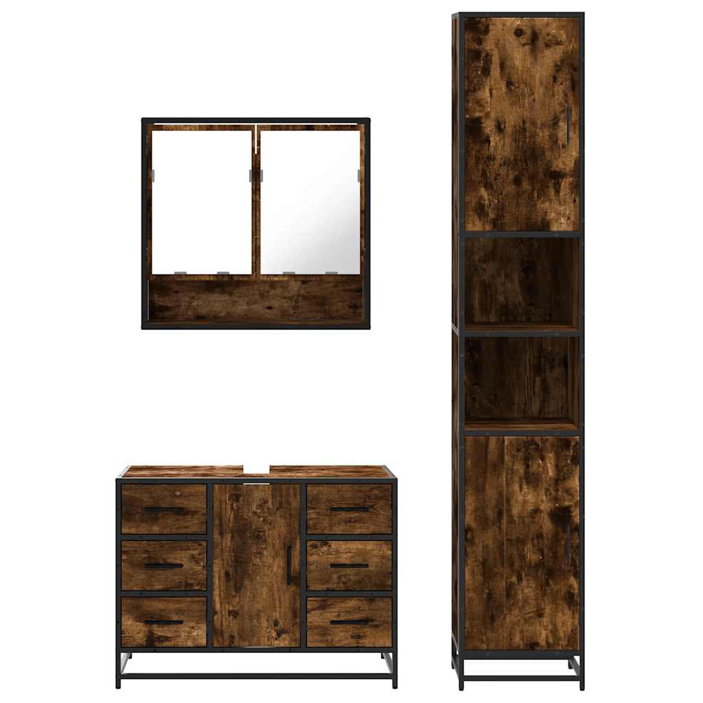 Set mobilier de baie, 3 piese, stejar fumuriu, lemn prelucrat