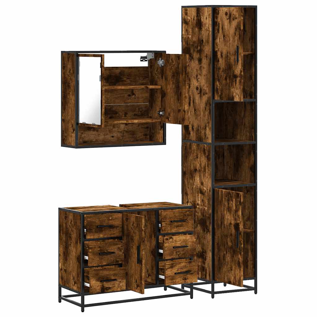 Set mobilier de baie, 3 piese, stejar fumuriu, lemn prelucrat