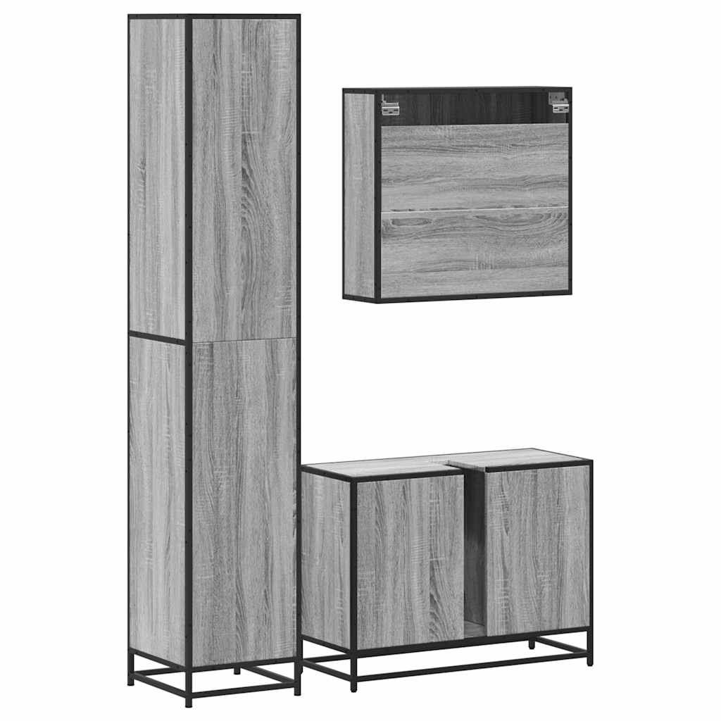 Set mobilier de baie, 3 piese, gri sonoma, lemn prelucrat