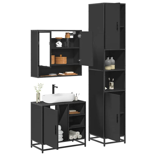 Set mobilier de baie, 3 piese, negru, lemn compozit