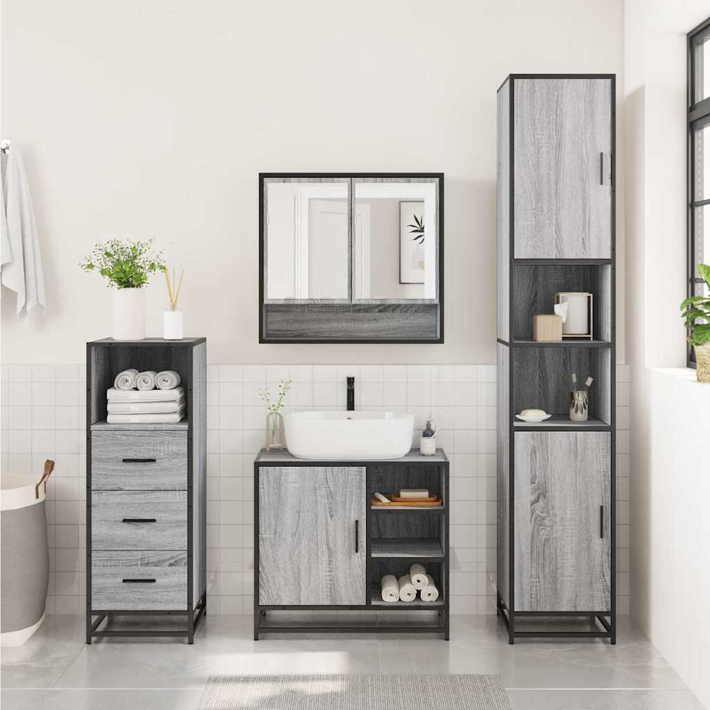 Set mobilier de baie, 3 piese, gri sonoma, lemn prelucrat