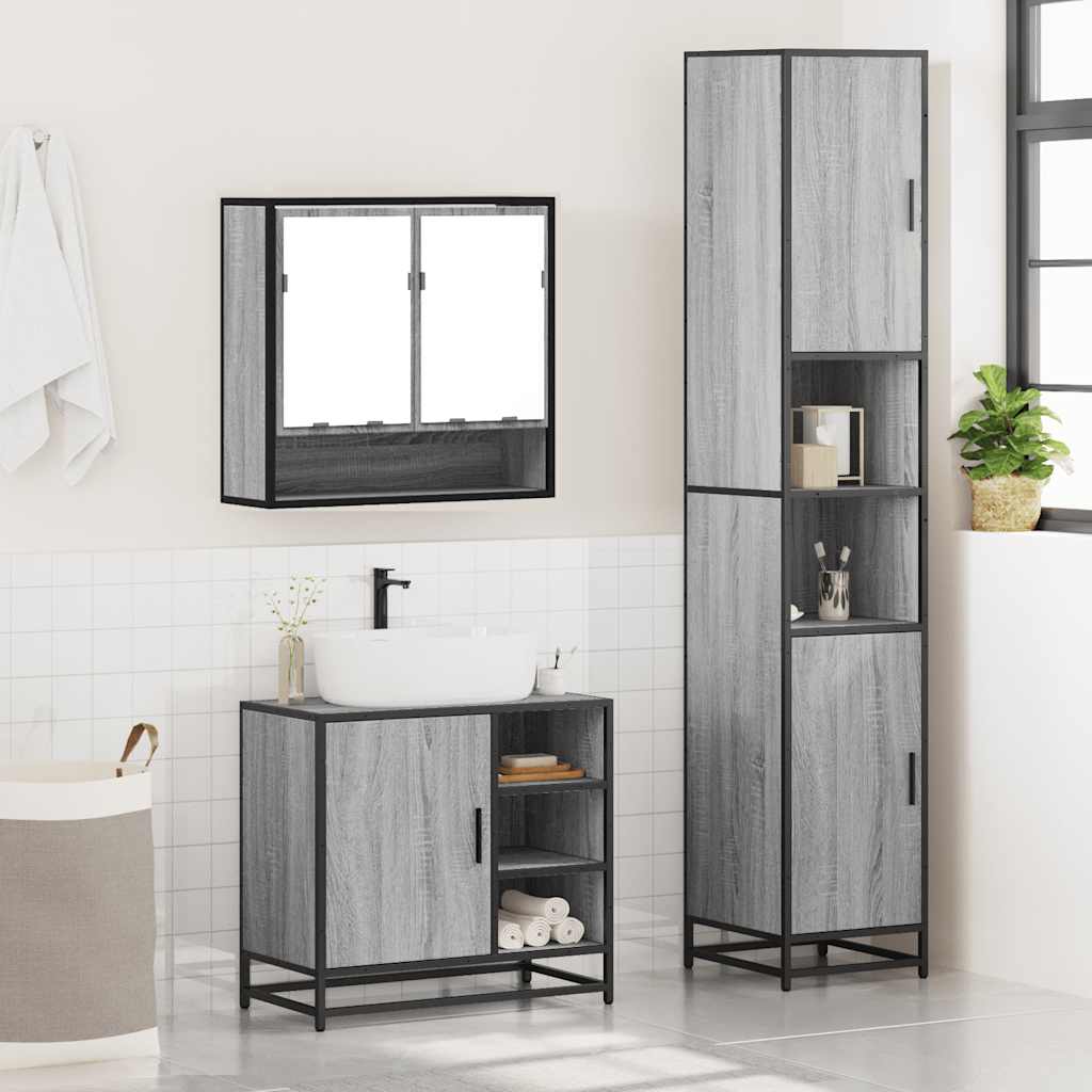 Set mobilier de baie, 3 piese, gri sonoma, lemn prelucrat